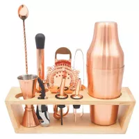 Herramientas para Bar Premium de Color Cobre con Base de Madera de 11 Piezas KING METAL BRSC210W