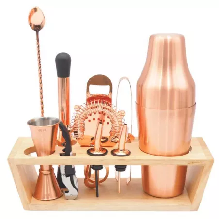 Herramientas para Bar Premium de Color Cobre con Base de Madera de 11 Piezas KING METAL BRSC210W