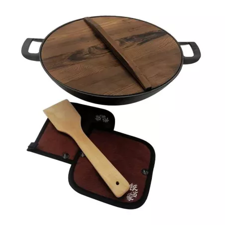 Wok de Hierro Fundido de 14 Pulgadas con Tapa de Madera MASTER CHEF W-36