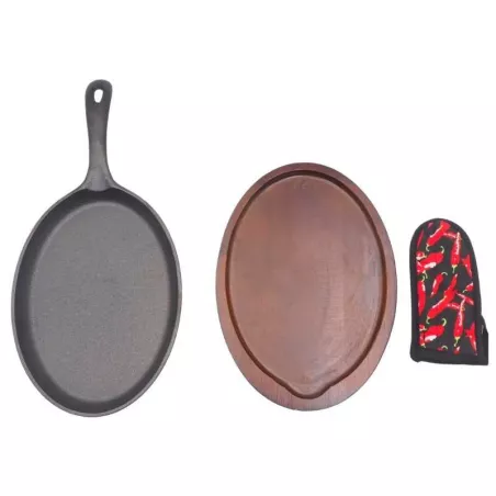 Sarten para Fajitas de Hierro de 7.5 X 9.25 Pulgadas con Base de Madera MASTER CHEF SK-795-FOC