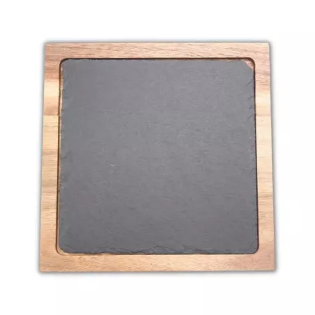 Plato Cuadrado de Piedra Pizarra de 22 Centimetros Color Negro con Base de Madera TIPS RSD01-49