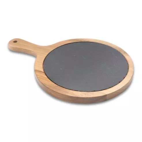 Plato Redondo de Piedra Pizarra de 20 x 30 Centimetros Color Negro con Base de Madera TIPS RSD01-50