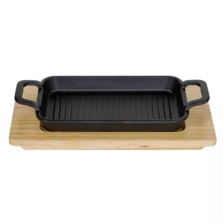 Sarten Rectangular de Hierro Fundido con Base de Madera de 22 x 13.5 x 2.5 Centimetros TIPS KNO-006
