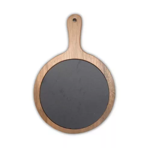 Plato Redondo de Piedra Pizarra de 20 x 30 Centimetros Color Negro con Base de Madera TIPS RSD01-50