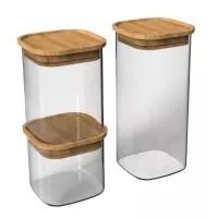 Frascos Transparentes de Vidrio con Tapa de Madera Natural, Set de 3 Unidades TIPS OLL-008