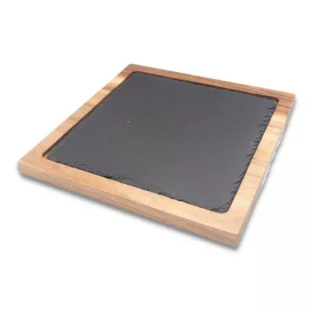 Plato Cuadrado de Piedra Pizarra de 22 Centimetros Color Negro con Base de Madera TIPS RSD01-49