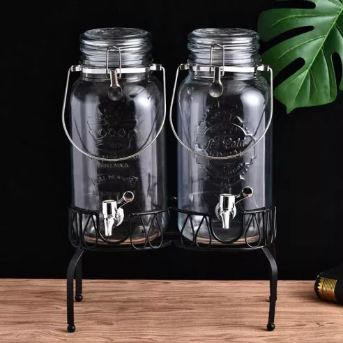 Dispensador de Bebidas Doble de Vidrio con Base de Alambre de 8 Litros TIPS DMH-008