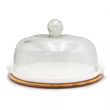 Quequera con Tapa de Vidrio con Base de Ceramica y Madera de 33 Centimetros VETRO JLA-001