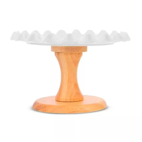 Base de Queques Ondulada de Ceramica y Bambu de 25 Centimetros de Color Blanco MASTER CHEF CS2113-25