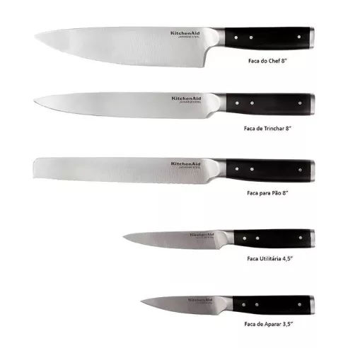 Juego de Cuchillos Clasicos de Acero Inoxidable, Set de 5 Piezas con Puno Negro KITCHEN AID KE5PSTANOBG