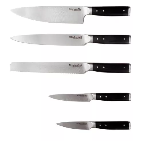 Cuchillos Gourmet + Bloque de Madera, Set de 5 Piezas con Puno Negro KITCHEN AID KO5PSTSNOBG