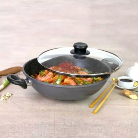 Wok de Aluminio de 32 Centimetros con Tapa de Vidrio STONELINE 8135