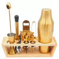 Herramientas para Bar Premium de Color Dorado con Base de Madera de 11 Piezas KING METAL BRSG210W